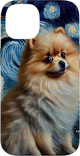 Vista 4 de iPhone 16 Starry Night Famous Painting Style Pomeranian Case