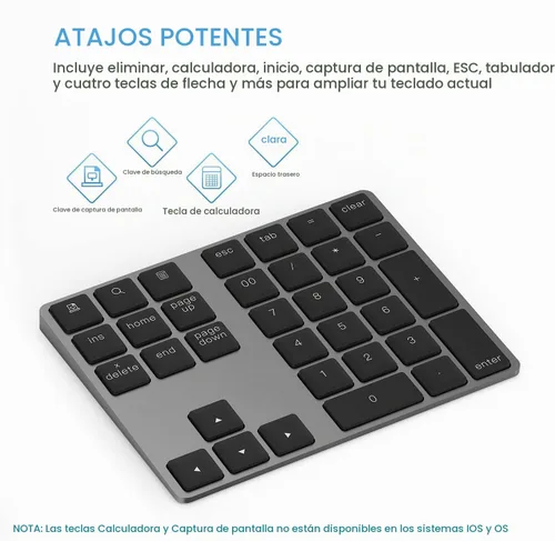 Vista 4 de Teclado Numérico Bluetooth, Lekvey Teclado Numérico Inalámbrico Recargable de Aluminio Delgado de 34 Teclas Teclado Numérico Externo Entrada
