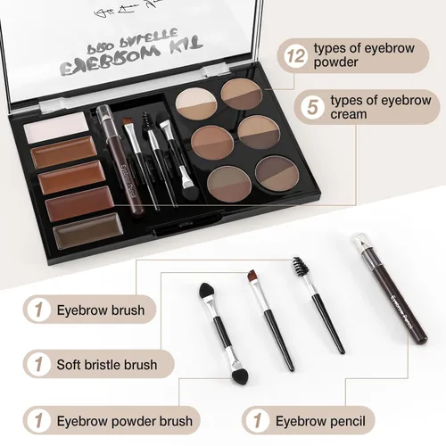 Vista 2 de Juego de paletas de polvo para cejas, 12 colores, 5 máscaras, 4 plantillas, pincel y lápiz, gel voluminizador para cejas naturales