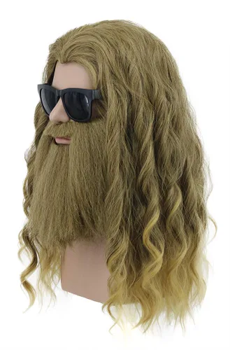 Vista 3 de Peluca larga y rizada de Thor para hombres y adultos, peluca de bigote marrón dorado para Halloween, cosplay, anime, fiesta de disfraces