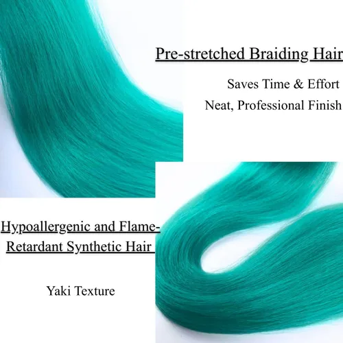 Vista 3 de Cabello trenzado verde azulado preestirado, hipoalergénico, sintético, color azul aguamarina, para trenzas y giros, extensiones de cabello largo