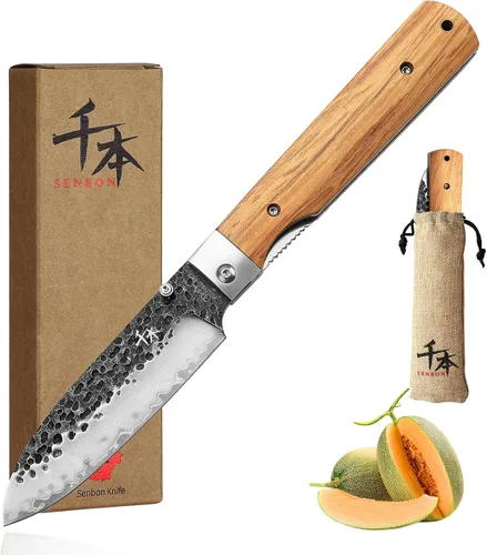 Vista 9 de SENBON Cuchillo de chef plegable de bolsillo súper afilado 440A forjado, cuchillo práctico, cuchillo de fruta, mango de oliva natural, para acampar