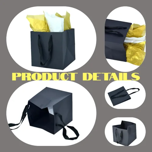 Vista 5 de JUNESHE Bolsas de regalo cuadradas pequeñas con papel de seda, color negro, paquete de 2, 5.9 pulgadas Bolsas de papel con asas para cumpleaños