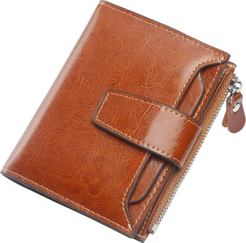 Vista 39 de Lavemi Pequeña cartera compacta para mujer, con bloqueo RFID, de piel auténtica, plegable, con ventanas de identificación