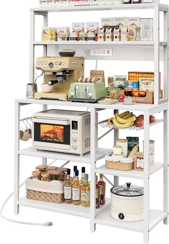 Vista 14 de SUPERJARE Estante de panadería con toma de corriente, barra de café de 35.4 pulgadas con canasta de alambre, soporte para microondas de cocina con 6