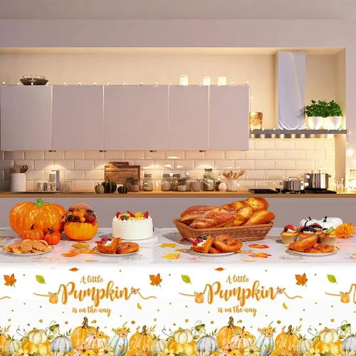 Vista 8 de WovWeave Paquete de 3 manteles de calabaza pequeña para decoración de fiesta de baby shower de otoño para niños y niñas, fundas de mesa para Acción