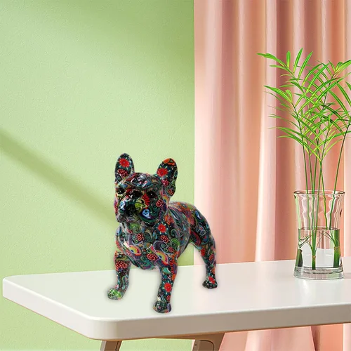 Vista 6 de Graffiti - Estatua de bulldog francés, escultura de perro de resina colorida para decoración del hogar, sala de estar, estilo D