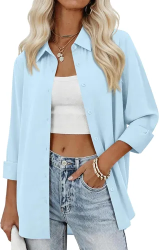 Vista 20 de siliteelon Camisas con botones para mujer, camisas de vestir sólidas, de manga larga, cuello fluido, para trabajo, oficina, negocios, blusas de gasa