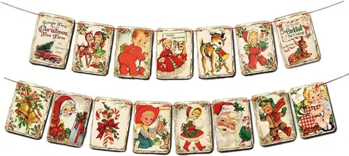 Vista 3 de Cartel para fiesta de Navidad, 18 unidades, diseño de cuadrícula roja con texto en inglés "Merry Christmas", tradicional a la antigua