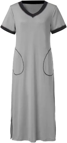Vista 5 de Camisón largo para mujer, súper cómodo, manga corta, sólido, ropa de descanso, casual, vestido de dormir, talla grande, ropa de dormir con bolsillo