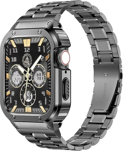 Vista 24 de MioHHR Correa de Acero Inoxidable para Reloj con Estuche Compatible con Correas de Apple Watch 40/41 mm, Correa Resistente con Cubierta Protectora
