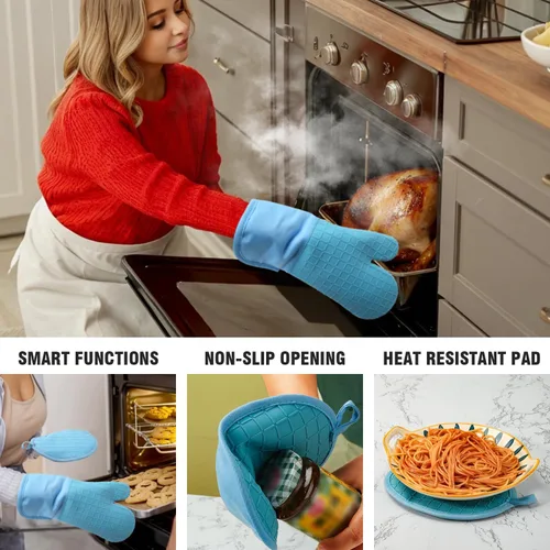 Vista 2 de Manoplas de horno y soportes para ollas, 4 juegos, guantes de horno resistentes al calor de 500 ℉ y soporte para ollas, guantes largos para horno