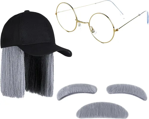Vista 8 de 4E's Novelty Kit de disfraz de anciano para niños y adultos, incluye sombrero con peluca, gafas, bigote adhesivo y cejas, disfraz del día 100