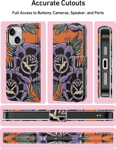 Vista 4 de DEENAKIN Funda tipo cartera para iPhone 15 con tarjetero + clip para efectivo, bloqueo RFID, protección contra caídas de grado militar y obras