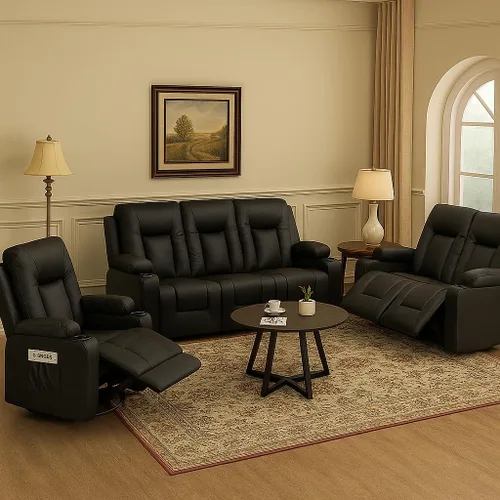Vista 7 de Juego de sofá reclinable de cuero LUCKLIFE con sillones reclinables manuales, juego de muebles para sala de estar con sofá reclinable, sofá de dos