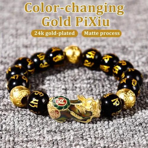 Vista 3 de Feng Shui Bracelet Obsidian Bracelet, 24k Gold Plated PiXiu Dragon Protection for Men Women, 12mm Mantra Prayer Beads Bracelets Meditation