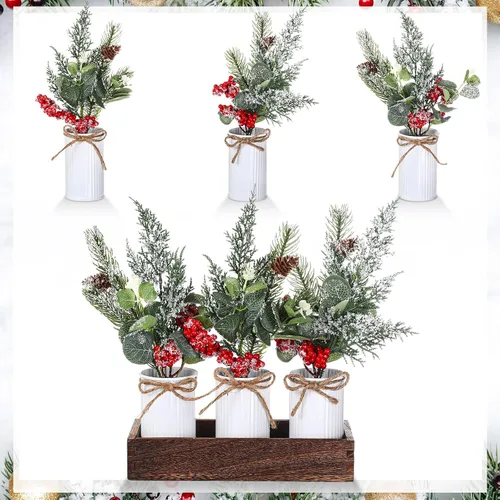 Vista 3 de Yunlly Centros de mesa de Navidad, bayas rojas, piñas artificiales de Navidad, ramas de nieve, púas con caja de madera para decoración rústica