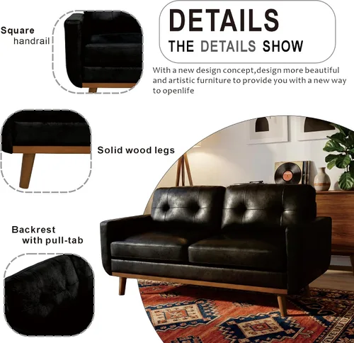 Vista 5 de 65 inch Wide Loveseat Sofa, Mid Century Modern Small Room Couch with Solid Wood Legs Button Tufted Upholstered Sofa for Living Room Bedroom (Black)