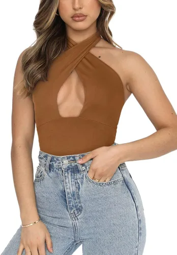 Vista 2 de REORIA Butsmooth - Camiseta ajustada sexy de moda para mujer, con cuello halter cruzado, sin mangas, para discoteca