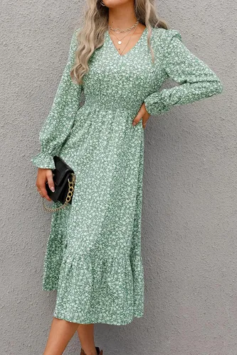 Vista 4 de PRETTYGARDEN Vestido de otoño casual de manga larga para mujer, estilo bohemio, plisado, cuello en V, volantes, estampado floral, vintage, vestidos