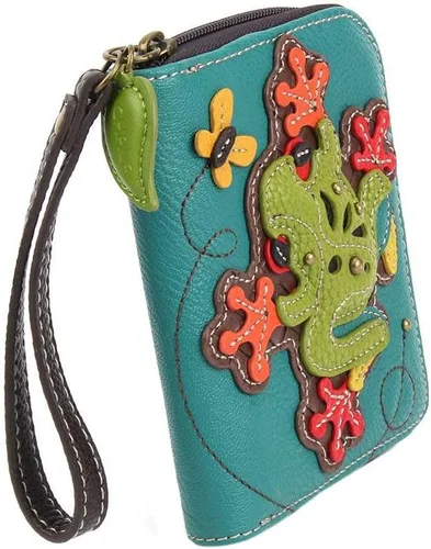 Vista 3 de CHALA - Cartera con cremallera alrededor de la cartera, pulsera, 8 ranuras para tarjetas de crédito, monedero resistente para mujer, Turquesa_ Rana