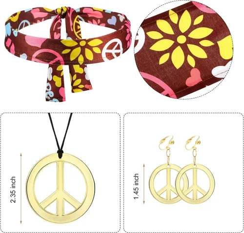 Vista 4 de Disfraz hippie para niñas, vestido hippie de los años 70, diadema, traje con signo de la paz, aretes, collar, Halloween, cosplay, disfraz