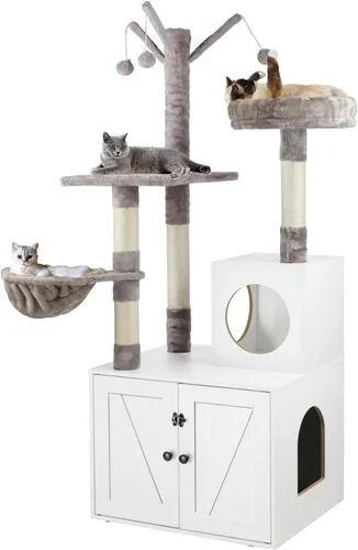 Vista 9 de Timberer Árbol para gatos con torre y caja de arena, refugio para gatos de madera 2-en-1 con poste de rascar de sisal, hamaca, marrón
