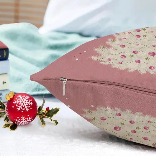 Vista 3 de GOOESING Fundas de almohada de Navidad de 18 x 18 pulgadas, color rosa con árbol de Navidad, funda de cojín para sofá, decoración del hogar