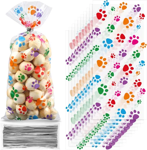 Vista 13 de Blulu 100 bolsas de golosinas para perros, recuerdos de fiesta para cachorros, bolsas de celofán con cono de pata de mascota, dulces sellables por
