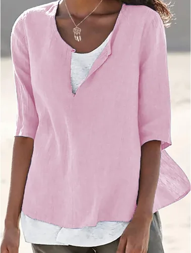 Vista 2 de Blusa de algodón y lino con cuello en V para mujer, media manga, suelta, para verano, color sólido