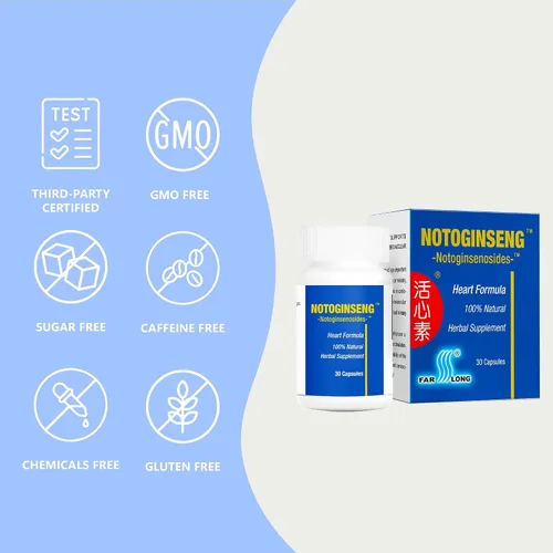 Vista 7 de NOTOGINSENG ™, Apoya el corazón sano, suplemento de corazón en sangre 100% natural, 90% Notoginsenósidos, San Qi, 30 cápsulas, Farlong