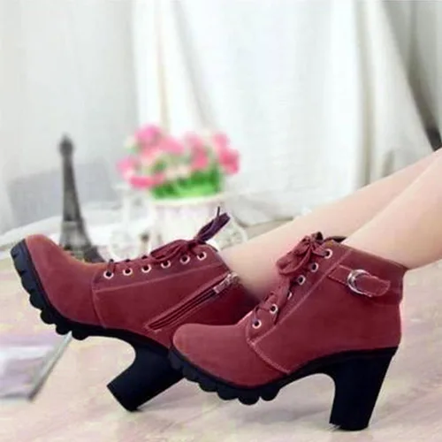 Vista 4 de Botines de tacón grueso para mujer, elegantes tacones altos, botas de combate con cremallera lateral, cómodas botas de combate