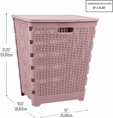 Vista 3 de [Usado] Mind Reader Cesta plegable para ropa sucia de 61 litros, cesta de ropa, tapa, diseño de mimbre, plástico, 18 pulgadas de largo x 14.5 Rosa
