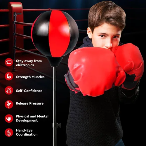 Vista 6 de Saco de boxeo para niños de 3 a 8 años, bolsa de boxeo para niños con guantes y soporte ajustable, juguete deportivo para niños