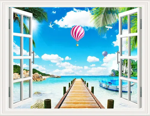 Vista 23 de Pintura autoadhesiva 3D, calcomanías de pared falsas para ventana, isla tropical con palmeras, mural de pared, vista de ventana, decoración de pared