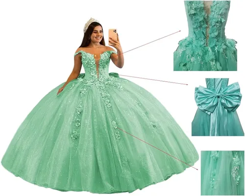 Vista 6 de Mauuwy Vestidos de quinceañera de tul de lujo, vestido de baile hinchado brillante dulce 16 vestidos florales fuera del hombro vestido de graduación