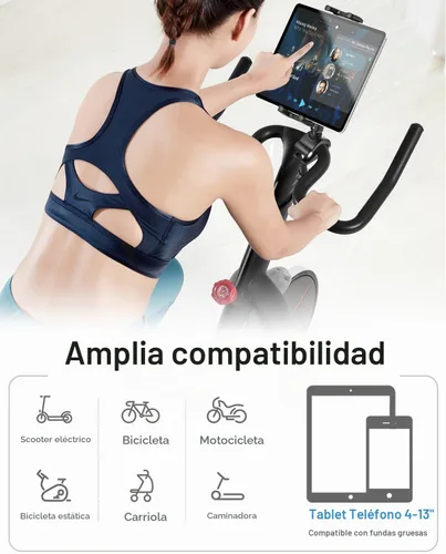 Vista 5 de Soporte para tableta de bicicleta, abrazadera para manillar, brazo de metal antivibración, soporte universal para iPad para cinta de correr