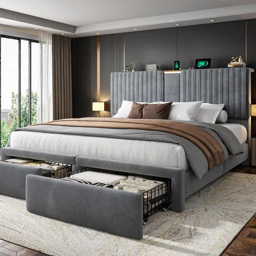 Vista 9 de Homkdom Base de cama Queen con cabecera de almacenamiento de terciopelo de Beige