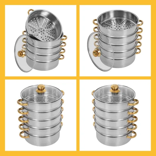 Vista 5 de Vaporizador de 10.2 x 16.5 in/10.24 x 16.54 pulgadas, olla de vapor de acero inoxidable de 5 niveles con tapa transparente y asas doradas