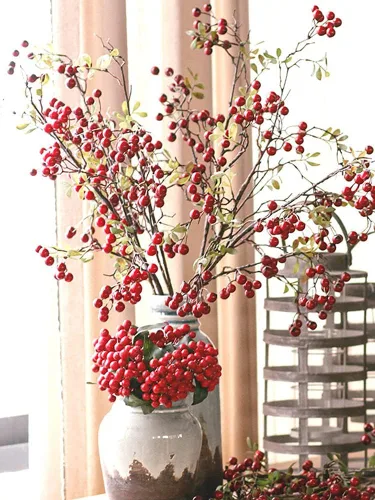 Vista 5 de Paquete de 3 tallos artificiales de bayas rojas, ramo de flores artificiales de 27.5 pulgadas para centro de mesa, jarrón, hogar, boda, Navidad