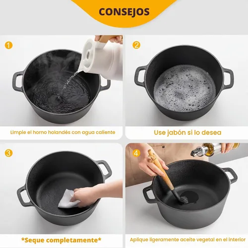 Vista 7 de Velaze Olla Holandesa de Hierro Fundido con Tapa de Sartén, Sartén de Hierro Fundido de Doble Mango 2 en 1 Presazonada para Hornear Pan, Freír
