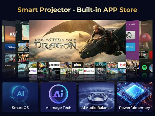 Vista 2 de GooDee Proyector inteligente 4K con WiFi 5G y Bluetooth, aplicaciones integradas, Dolby Audio, proyector exterior 800ANSI, proyector de cine en casa