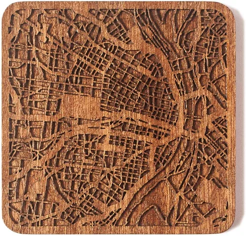 Vista 77 de Posavasos Amsterdam Map by O3 Design Studio, 1 pieza, posavasos de madera Sapele con mapa de la ciudad, hecho a mano, varias ciudades opcionales