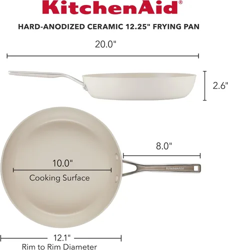 Vista 2 de KitchenAid Sartén antiadherente de cerámica anodizada dura, sartén antiadherente de 12.25 pulgadas con mango de acero inoxidable, color blanco