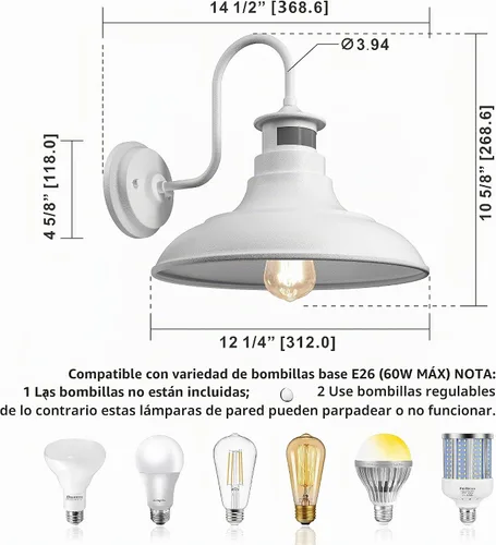 Vista 6 de Paquete de 2 apliques de pared de cuello de ganso estilo granja, luces de granero, sensor de movimiento y del anochecer al amanecer, accesorios