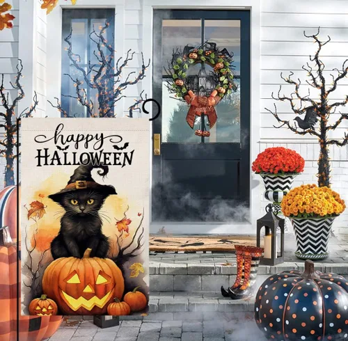 Vista 3 de BLKWHT Bandera de jardín de gatos de Halloween de 12 x 18 pulgadas, vertical, doble cara, feliz Halloween, calabaza, vacaciones, decoraciones