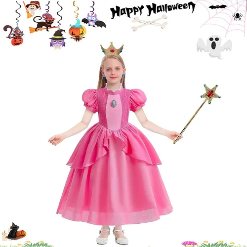 Vista 2 de Magwei Princess Peach Costume Dress for Girls Kids Super Bros Cosplay with Accessories Halloween Party Dress Up Outfit 3-12Y
