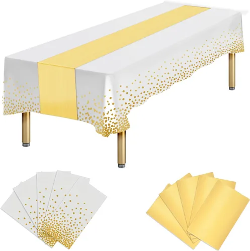 Vista 17 de Paquete de 10 manteles rectangulares de plástico y camino de mesa de satén, mantel desechable negro rectangular y dorado para cumpleaños