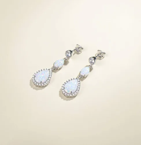 Vista 5 de FANCIME Aretes de plata de ley con ópalo blanco, piedra natal de octubre, ópalo de fuego, halo de gota de agua, forma de lágrima, aretes de ópalo