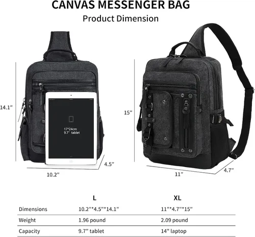 Vista 5 de Leaper Mochila bandolera para hombre bolsa de mensajero de lona para hombre, bandolera de una sola correa para portátil, senderismo, escuela